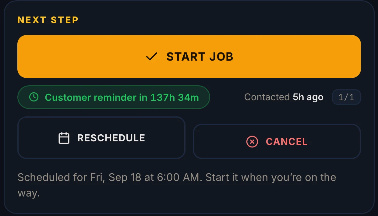 The RelayLeads Next Step card: Start Job, a customer reminder counting down, reschedule and cancel.