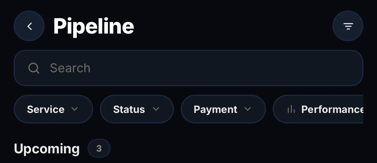 The RelayLeads pipeline: search, filter chips for service, status, payment and performance, and three upcoming jobs.