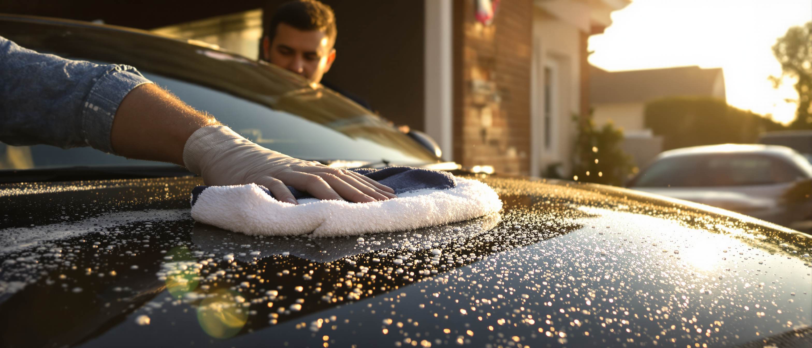 a detailer buffs the dark hood of a car outside a client's garage, suds and microfiber towels nearby, dramatic low sun creating reflections in the paint. Rich contrast, hero-shot energy.