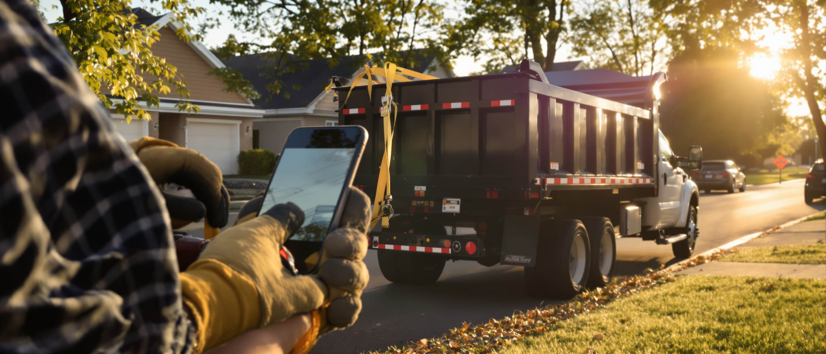 an operator ratchet-straps a loaded dump trailer hitched to a pickup at a suburban curb, work gloves on, late-day sun; the trailer's branded decal is visible. Wide shot that shows the rig end to end.