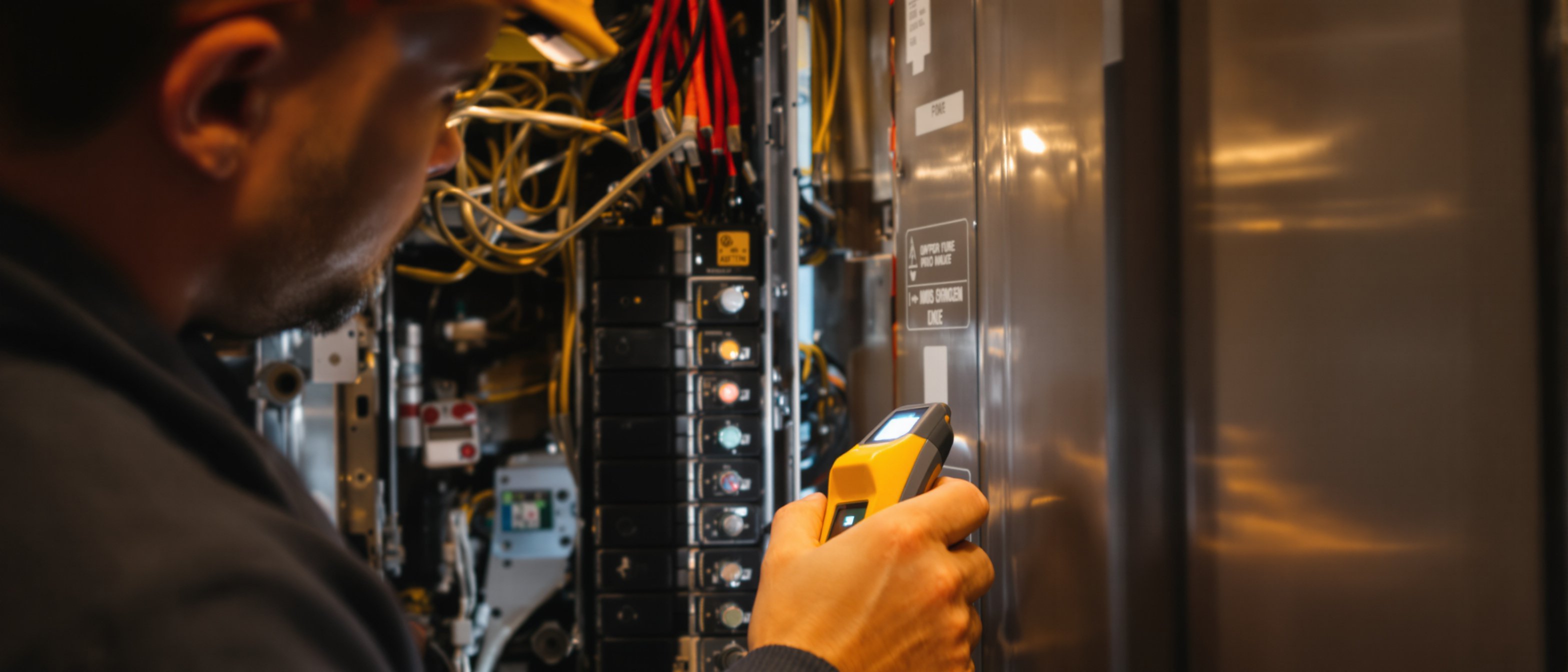 an electrician with a voltage tester works at an open breaker panel, headlamp on, focused; warm garage light. Close composition on hands and panel, trade-magazine documentary style.