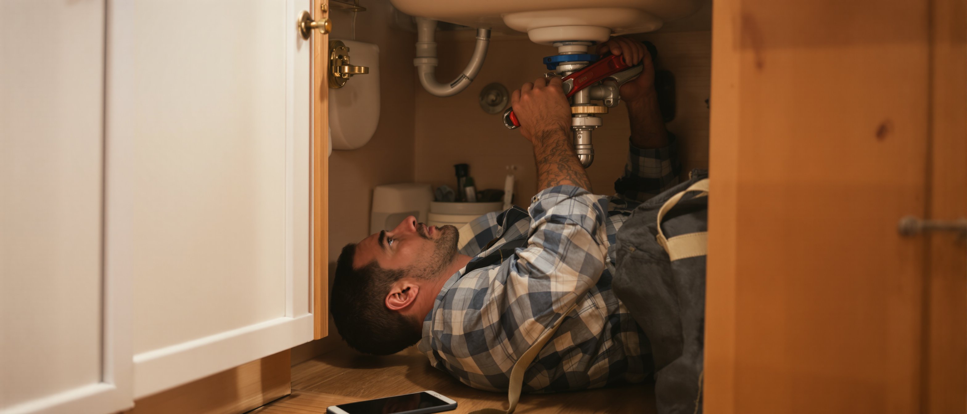 a plumber on his back under a kitchen sink, wrench on the trap, open tool bag beside him; his phone lights up on the floor next to him with an incoming job notification. Honest working light, candid.
