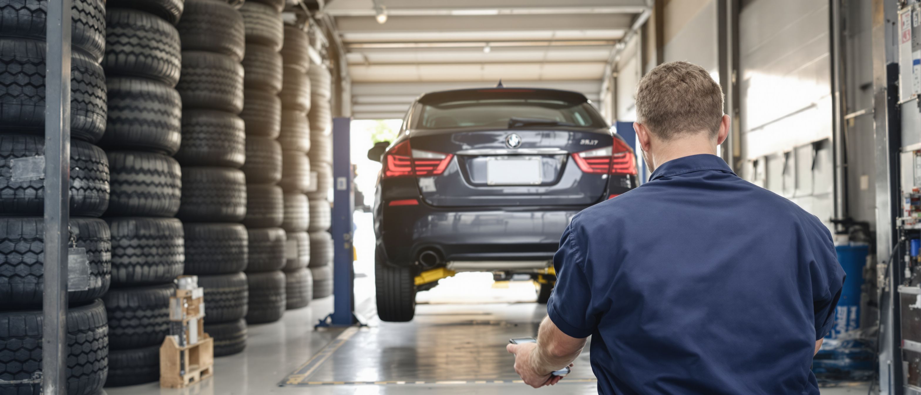 a tire tech rolls a new tire across a clean shop bay toward a lifted car, wall of tires behind him, tablet mounted at the bay showing today's bookings. Crisp workshop light, shallow depth of field.