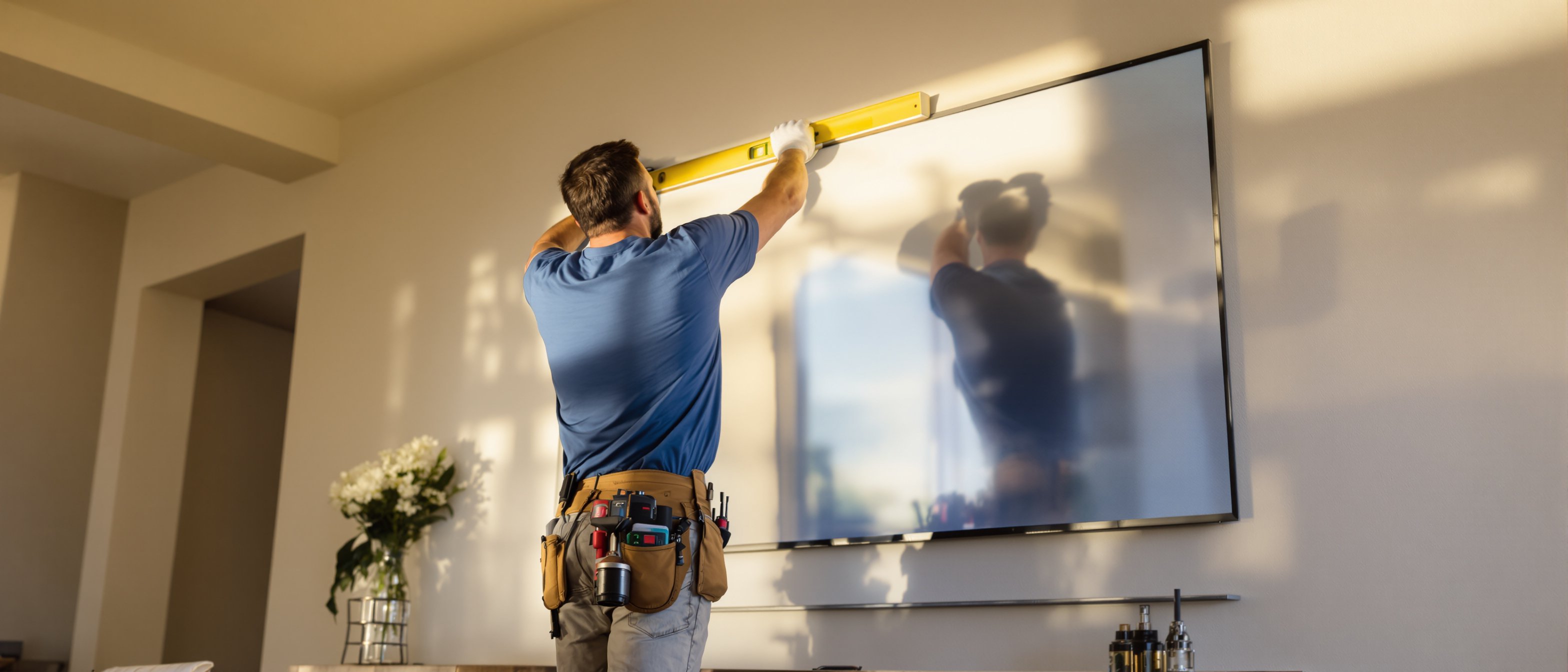 an installer levels a large flat-screen TV against a living-room wall, drill holstered on his belt, level in hand; late-afternoon light rakes across the wall. Shot from a low angle so the TV feels big.